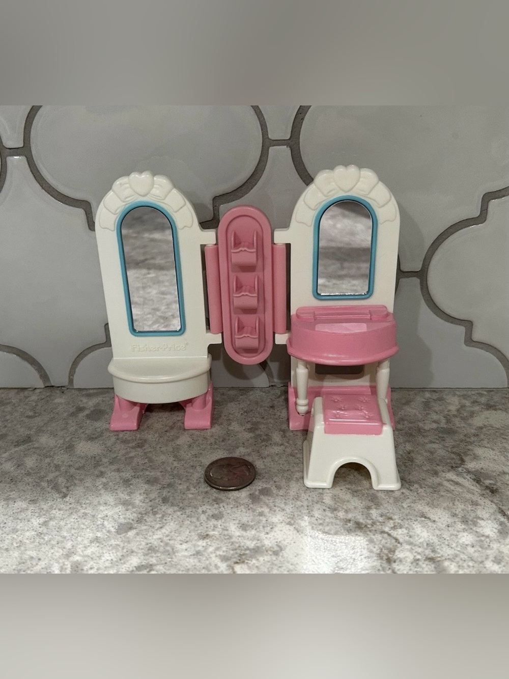Vintage Fisher-Price Loving Family Dream Dollhouse Pink Vanity Mirror with Stool